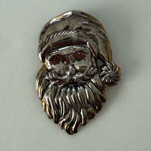 Vintage Santa Claus Face Brooch Pin Silver & Gold Tone Metal Christmas Jewelry